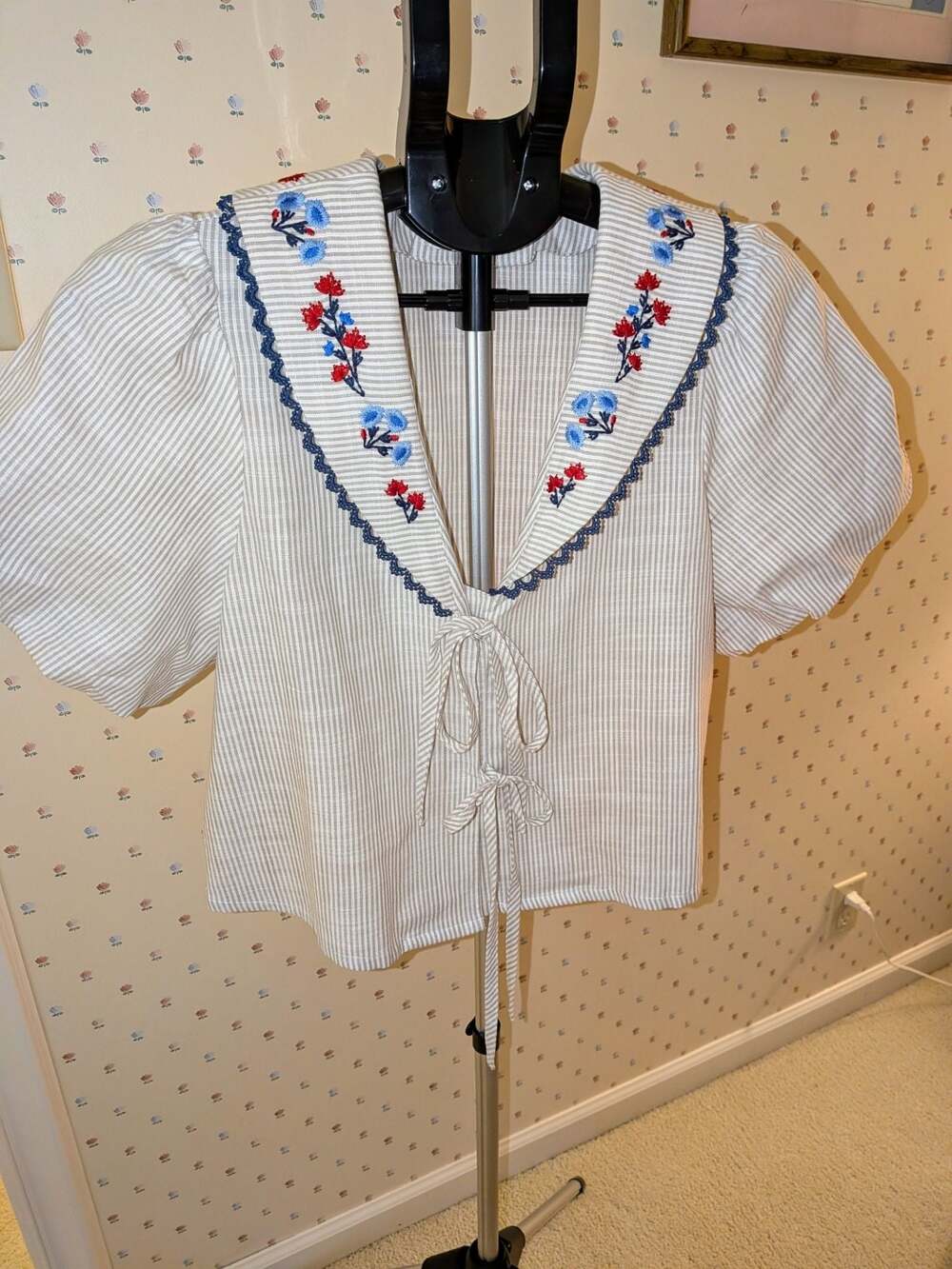 Caroline Constas Striped Embroidered Puff Sleeve Tie Front Blouse NWT